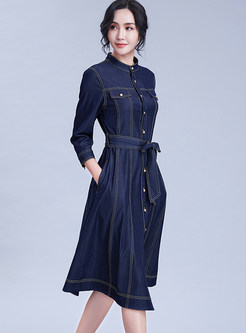 Standing Collar Single-breasted Mid-claf Denim Dress