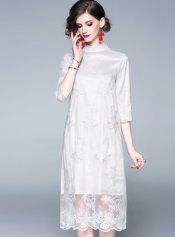 Fashion Stand Collar Mesh Embroidered Perspective Dress