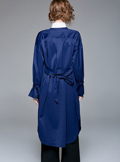 Brief Blue Crew-neck Long Sleeve Buttoned Coat
