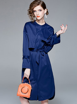 Brief Blue Crew-neck Long Sleeve Buttoned Coat