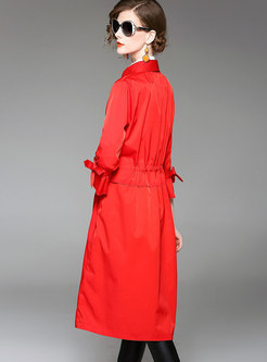 Red Fashion Turn-down Collar Belted Trench Coat