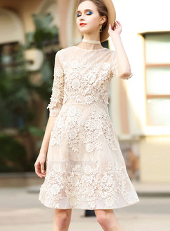 Apricot Mesh Stereoscopic Flower Belted A Line Dress