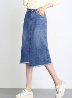 Brief Solid Color High Waist Irregular Tassel Hem Skirt