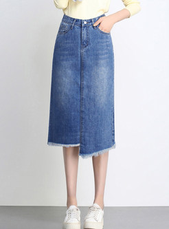 Brief Solid Color High Waist Irregular Tassel Hem Skirt