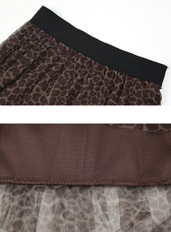 Trendy High Waist Leopard Mesh Splicing Cake Skirt