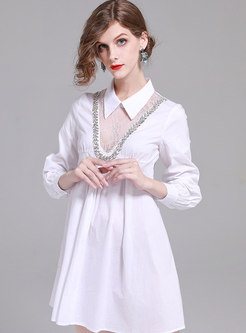 Sexy Splicing Lapel See-though Gathered Waist Skater Dress