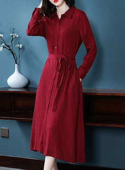 Solid Color Embroidered Lapel Belted Single-breasted Maxi Dress