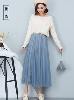 Solid Color Elastic Waist Mesh Big Hem Skirt