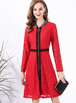 Casual Lace Color-blocked Zippered A Line Dress