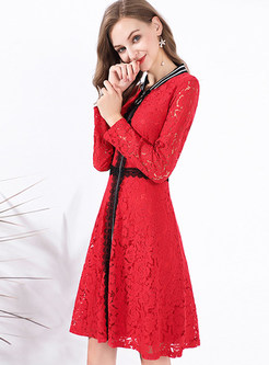 Casual Lace Color-blocked Zippered A Line Dress