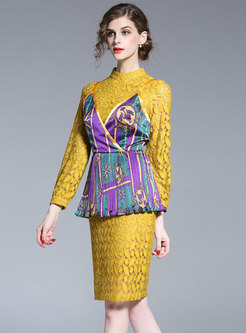 Chic Lace Stand Collar See-through Sheath Dress & Print Slim Cami