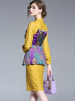 Chic Lace Stand Collar See-through Sheath Dress & Print Slim Cami