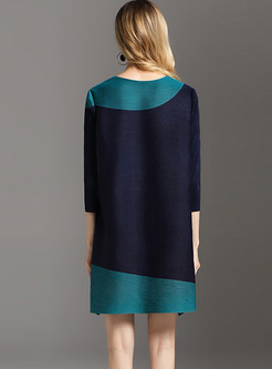 Color-blocked O-neck Plus Size Print Shift Dress