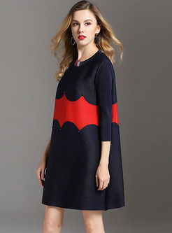 Casual Three Quarters Sleeve Color-blocked Loose Shift Dress