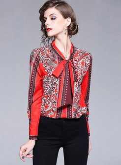 Chic Print Scarf Collar Single-breasted Blouse