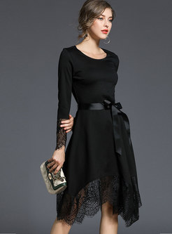 Lace Splicing O-neck Belted Asymmetric Dress