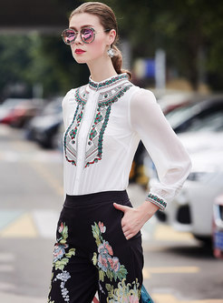 Elegant White Embroidered Stand Collar Single-breasted Blouse