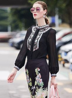 Elegant Black Embroidered Stand Collar Single-breasted Blouse