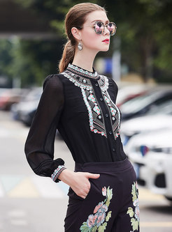 Elegant Black Embroidered Stand Collar Single-breasted Blouse