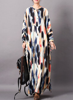 Casual Multi Color Print O-neck Loose Maxi Dress