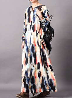 Casual Multi Color Print O-neck Loose Maxi Dress