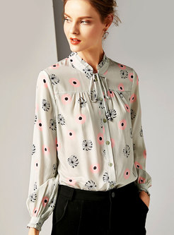 Fashion Tie-neck Bowknot Silk Single-breasted Blouse