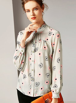 Fashion Tie-neck Bowknot Silk Single-breasted Blouse