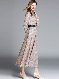 Mandarin Collar Long Sleeve Lace Maxi Dress