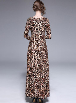 Stylish Slash Neck Long Sleeve Leopard Waist Maxi Dress