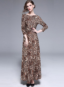 Stylish Slash Neck Long Sleeve Leopard Waist Maxi Dress