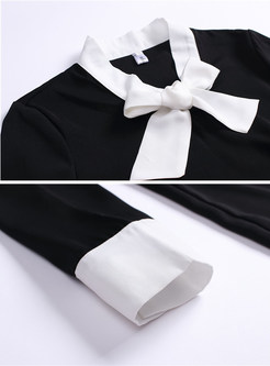 Fashion Color-blocked Bowknot Standing Collar Blouse