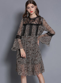 O-neck Flare Sleeve Perspective Leopard Shift Dress