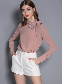 Solid Color Bowknot Standing Collar Silk Blouse