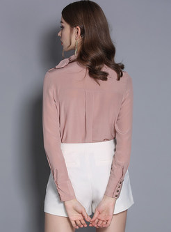 Solid Color Bowknot Standing Collar Silk Blouse