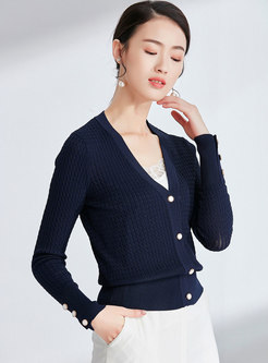 Brief Navy V-neck Single-breasted Short Sweater