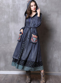 Vintage Embroidered Hooded Plus Size Denim Trench Coat