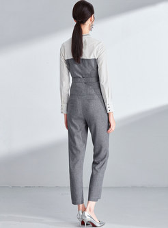 Elegant Color-blocked Belted Asymmetric Top & High Waist Straight Pants