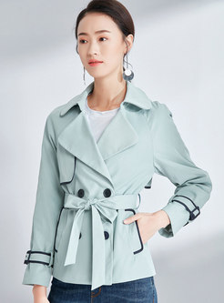 Color-blocked Turn Down Collar Belted Short Trench Coat