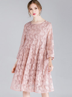 Pure Color O-neck Bowknot Shift Lace Dress