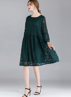 Pure Color See-through O-neck Loose Lace Dress