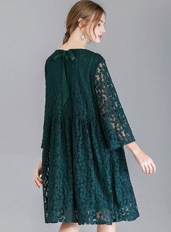 Pure Color See-through O-neck Loose Lace Dress