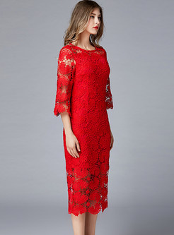 O-neck Plus Size Hollow Out Lace Mid-claf Slim Dress