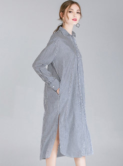 Brief Striped Lapel Side-slit Shift Dress