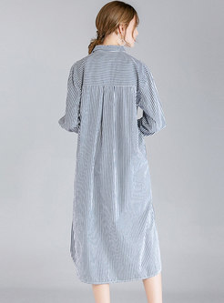Brief Striped Lapel Side-slit Shift Dress