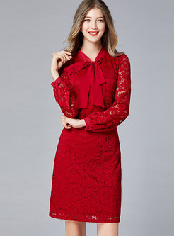 Bowknot Standing Collar Long Sleeve Lace Dress