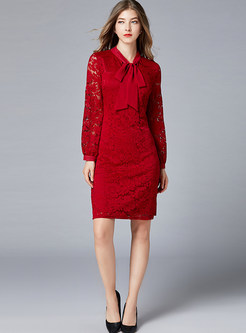 Bowknot Standing Collar Long Sleeve Lace Dress