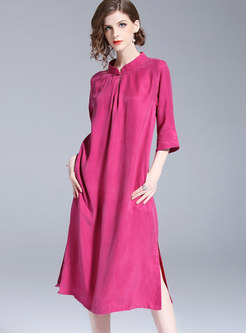 Vintage Stand Collar Side-slit Loose Dress