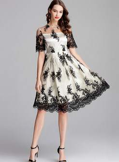 Sexy O-neck Mesh Embroidered Lace Skater Dress