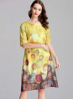 Color-blocked O-neck Half Sleeve Print Loose Dress