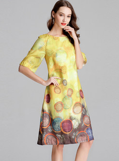 Color-blocked O-neck Half Sleeve Print Loose Dress